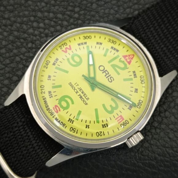 Vintage 1991 Oris Manual Mens Silver Watch W/Nato Strap & Yellow accents - Picture 6 of 9